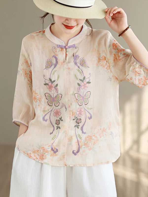 Linen-Look Mandarin Collar Top with Butterfly Embroidery