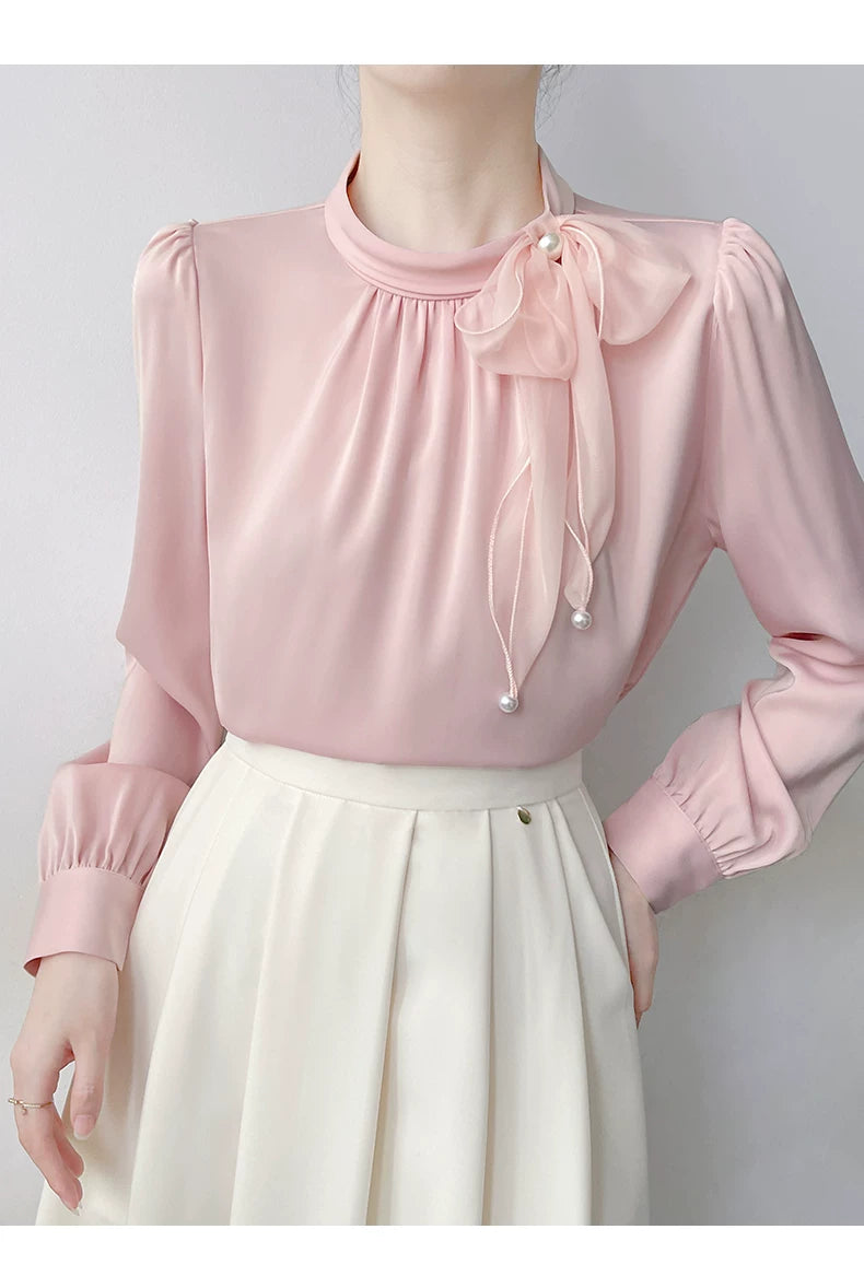 Relaxed Blouse with 3D Bow & Pearl Tie Detail