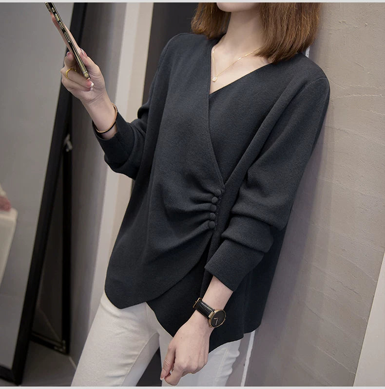 V-Neck Knit Top with Twisted Knot Detail