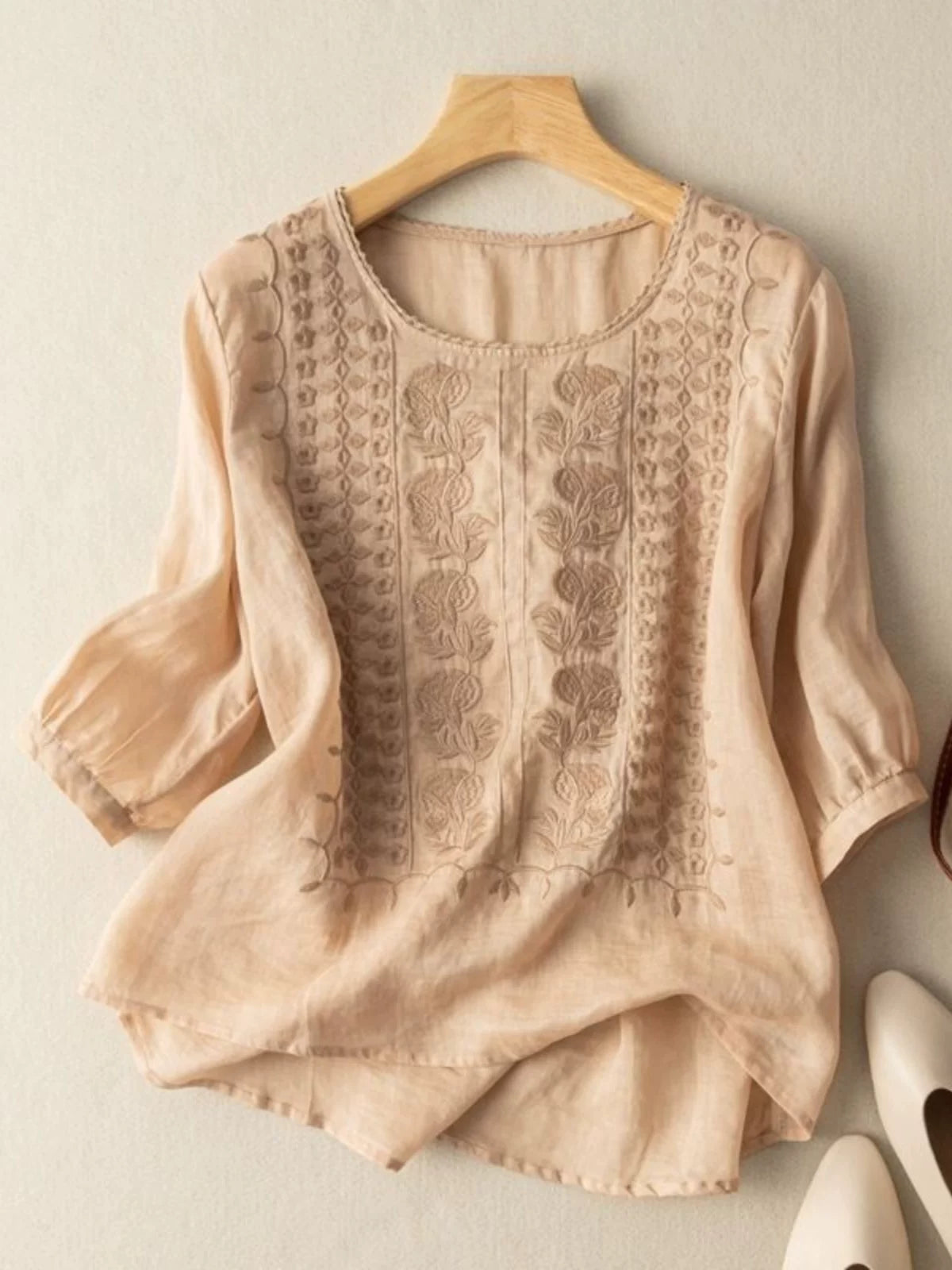 Embroidered Relaxed Top with Elbow-Length Sleeves