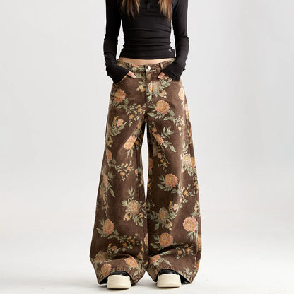 Floral Wide-Leg Jeans with Vintage Wash