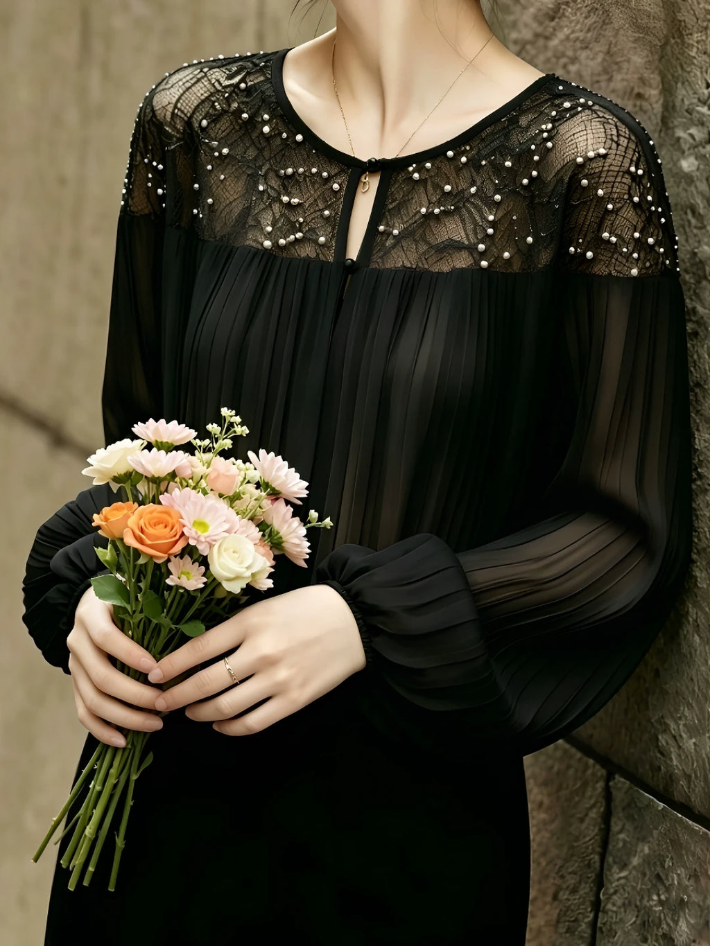 Black Lace-Overlay Top with Pearl-Beaded Yoke