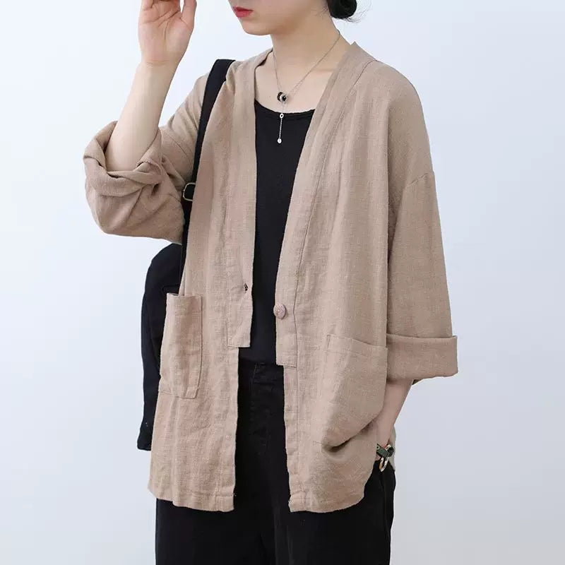 清仓捡漏~日系一粒扣纯色开衫外套女宽松休闲棉麻料长袖上衣