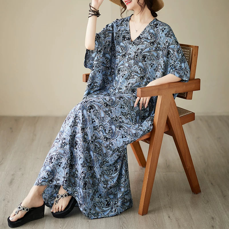 Relaxed Floral Short Sleeve Dress in Soft Cotton Blend