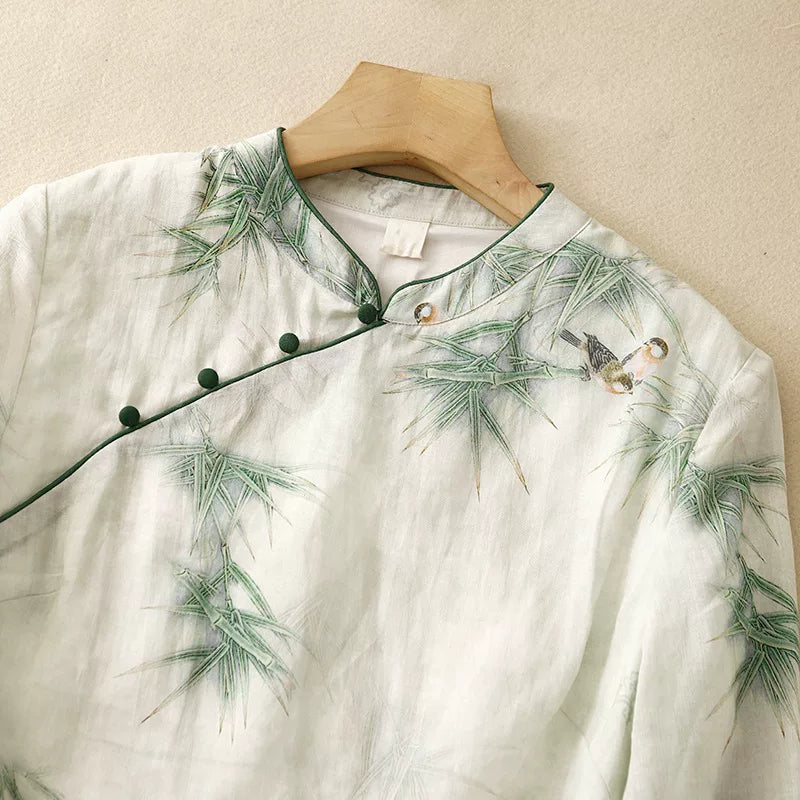 Cotton Linen Half Sleeve Shirt with Bamboo Bird Print