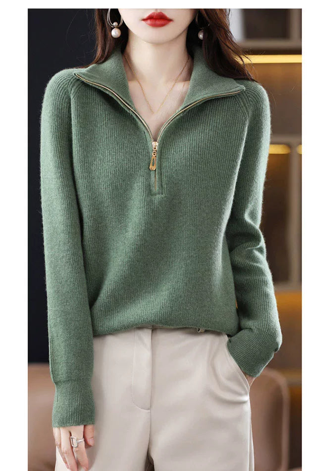 Relaxed Half-Zip Knit Top with Stand Collar