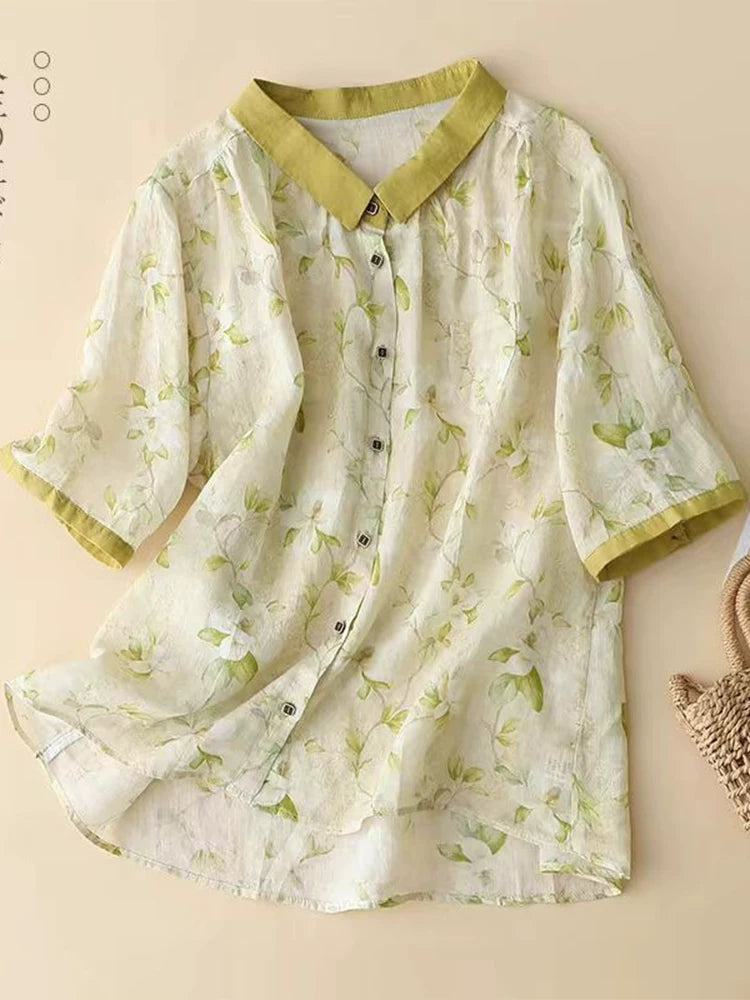 Floral Print Cotton Linen Three Quarter Sleeve Shirt