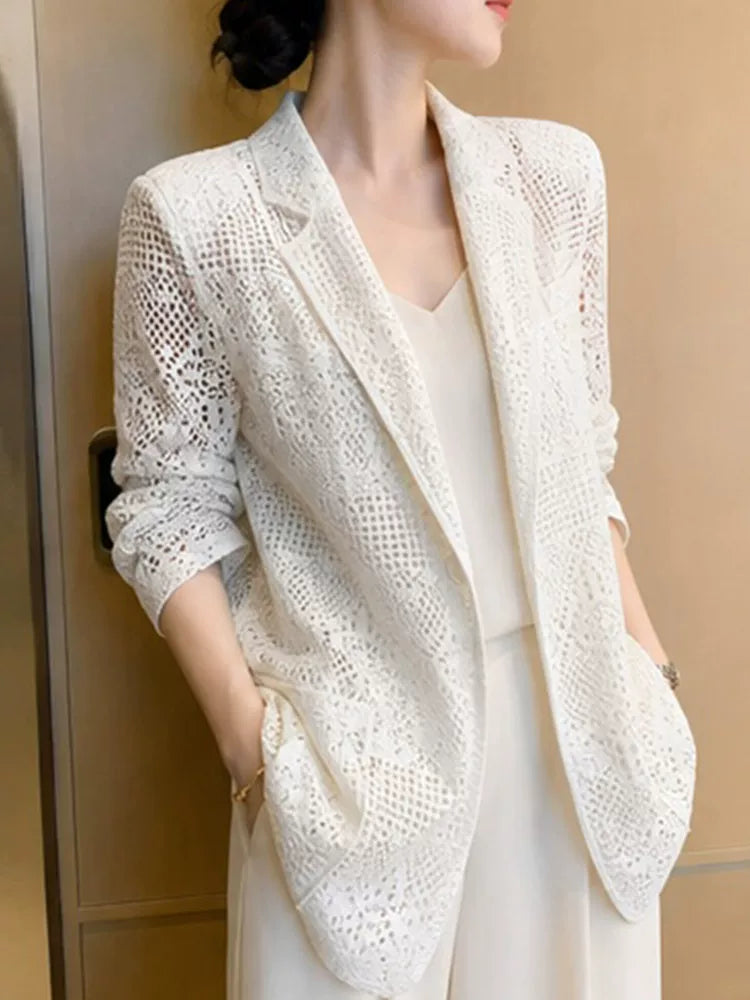 White Hollow-Out Lace Jacket, Open-Front Relaxed Fit