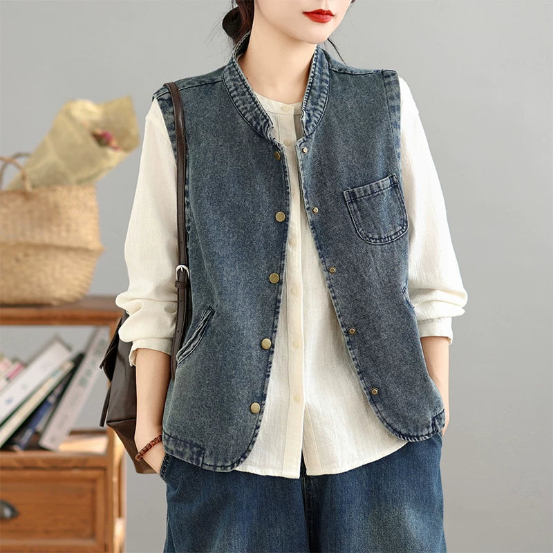 Distressed Washed Denim Vest for Women