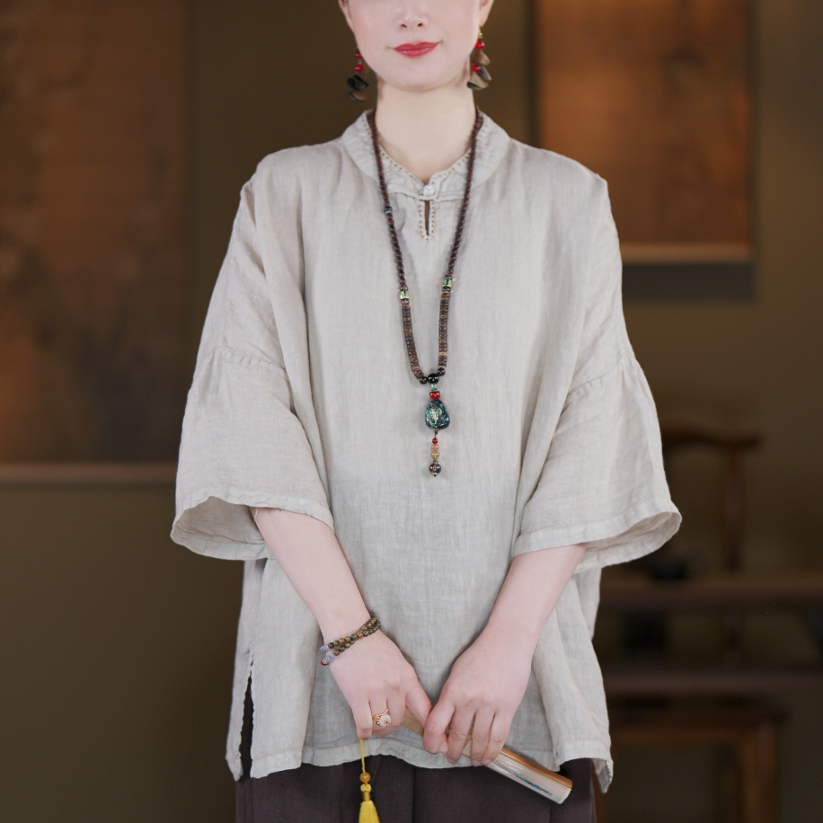 100% Linen Boxed Top with Stand Collar & Elbow Sleeves