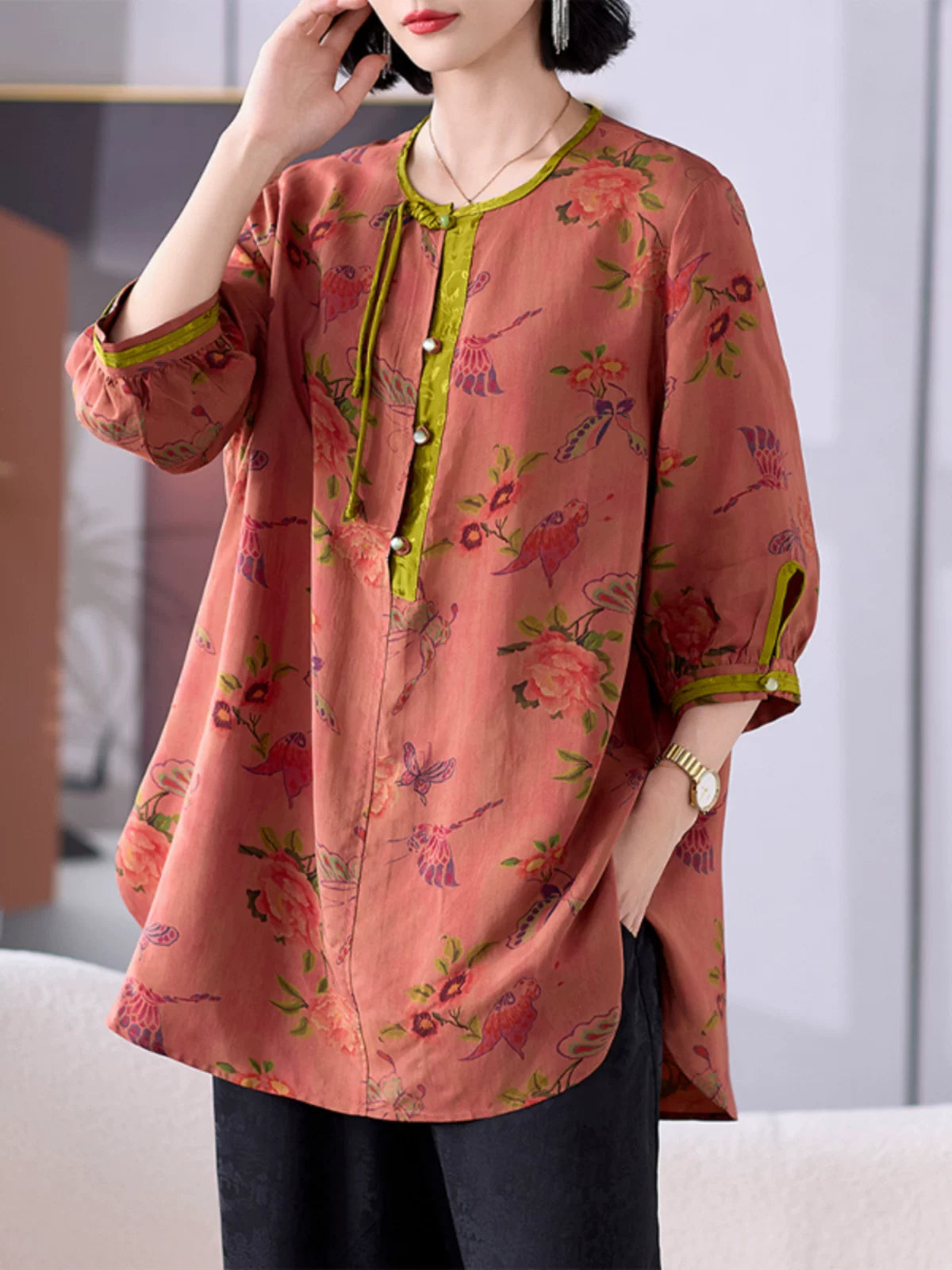 Viscose Blouse with Floral Print & Contrast Trim