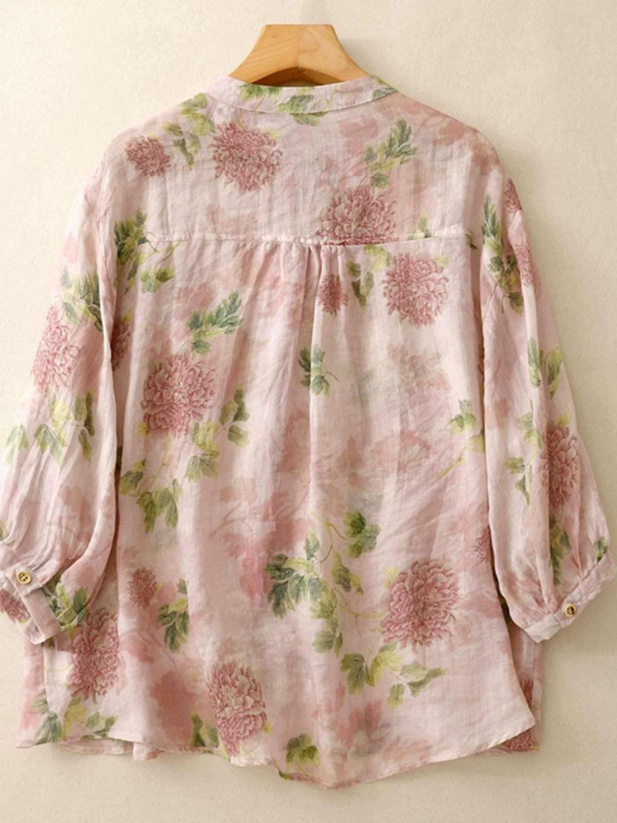 Floral Print Cotton Linen Three Quarter Sleeve Shirt