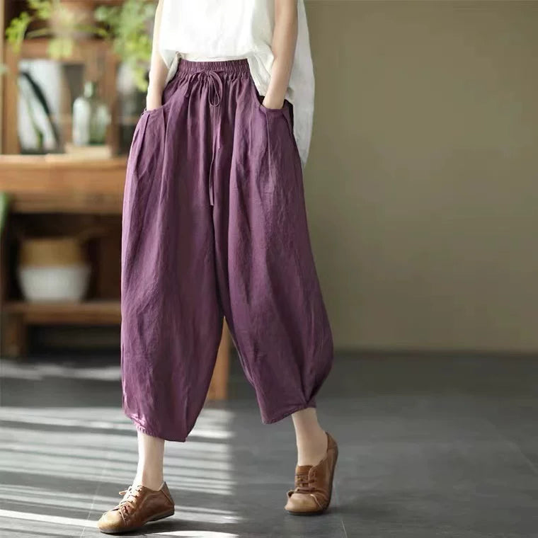 100% Linen Balloon-Leg Pants with Drawstring Waist