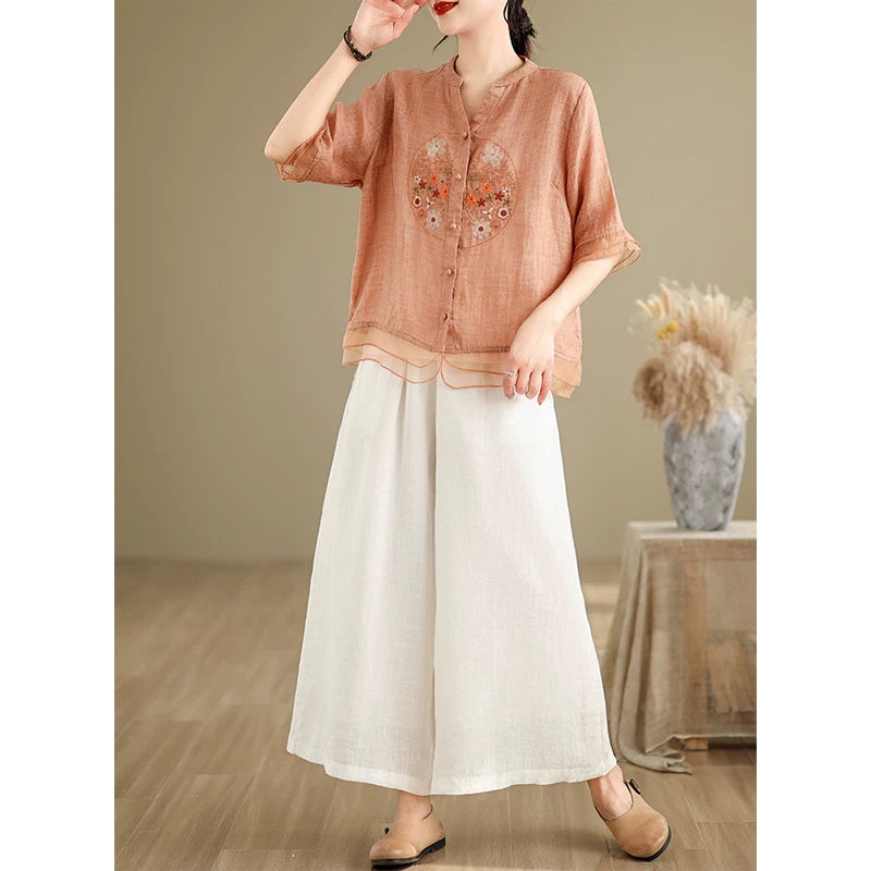 Embroidered Cotton Linen Half Sleeve Shirt with Organza Hem