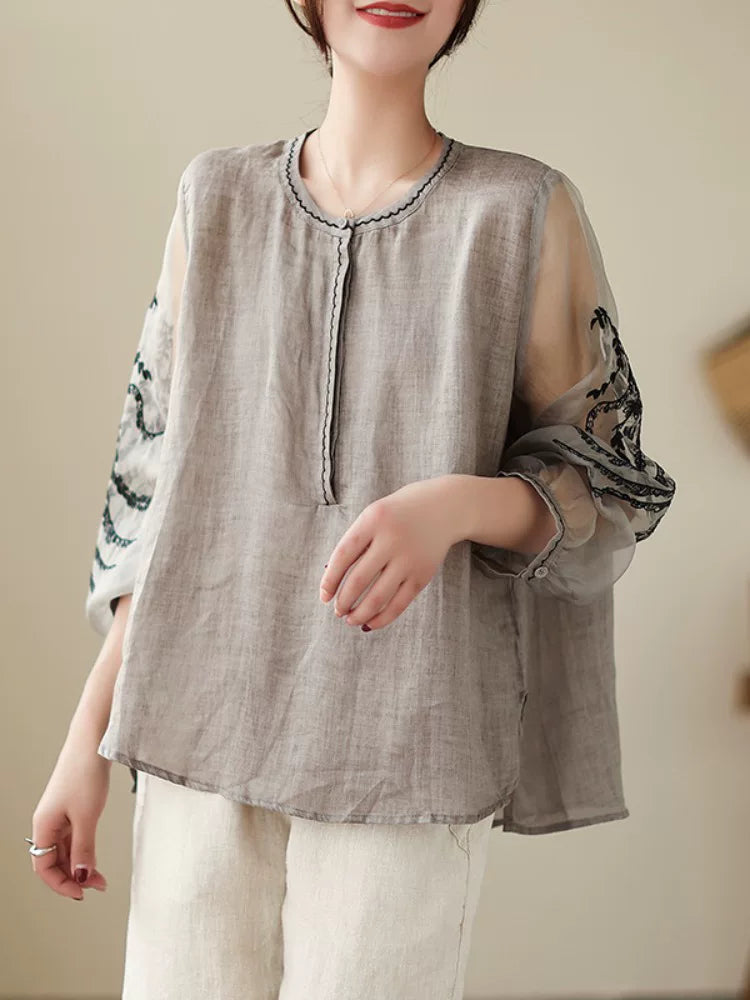 Sheer Mesh Sleeve Top with Embroidered Botanical Detail