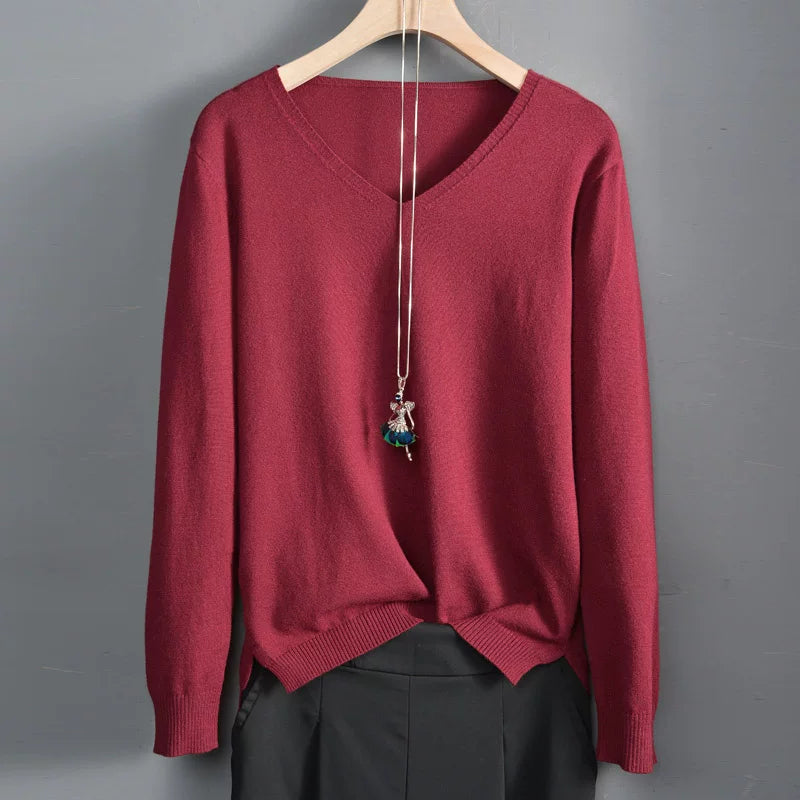 V-Neck Knit Top with Ribbed Cuffs & Side Slit