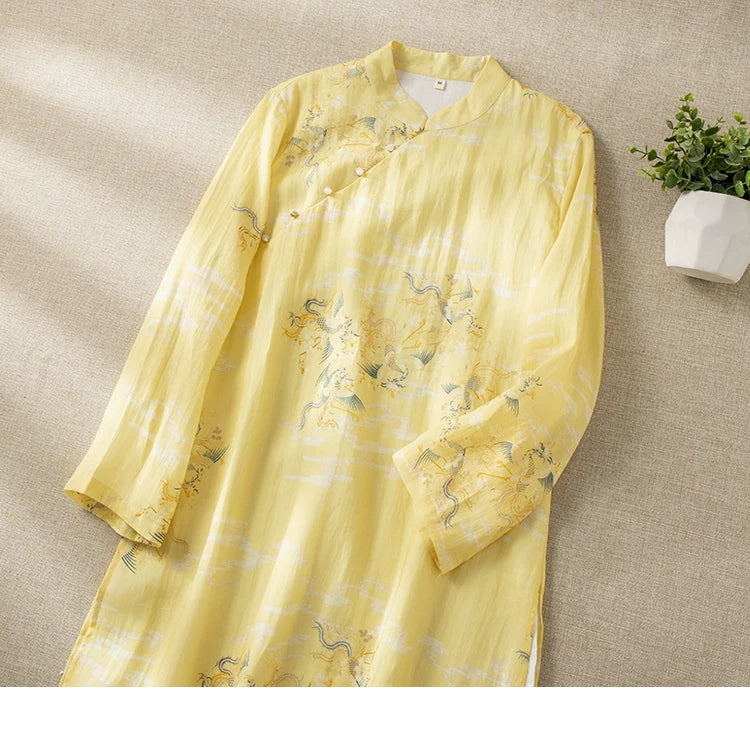Dragon Crane Print Cotton Linen Three Quarter Sleeve Maxi Dress