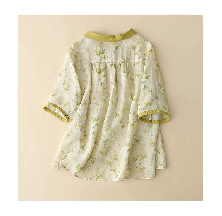 Floral Print Cotton Linen Three Quarter Sleeve Shirt
