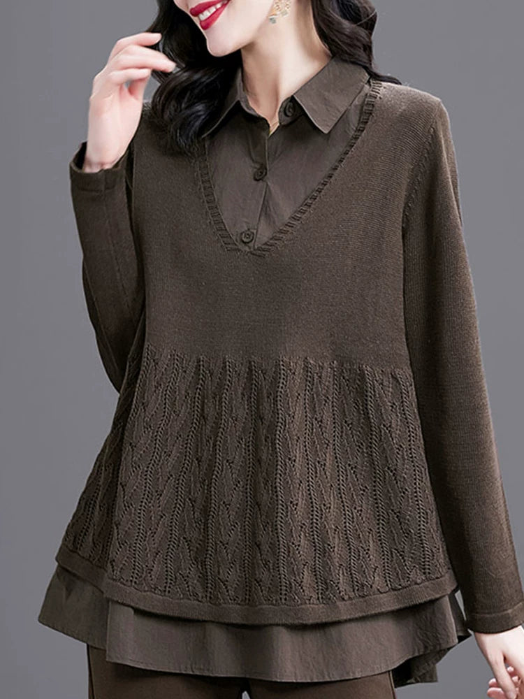Relaxed Knit Top with Textured Lower Panel & Layered Hem