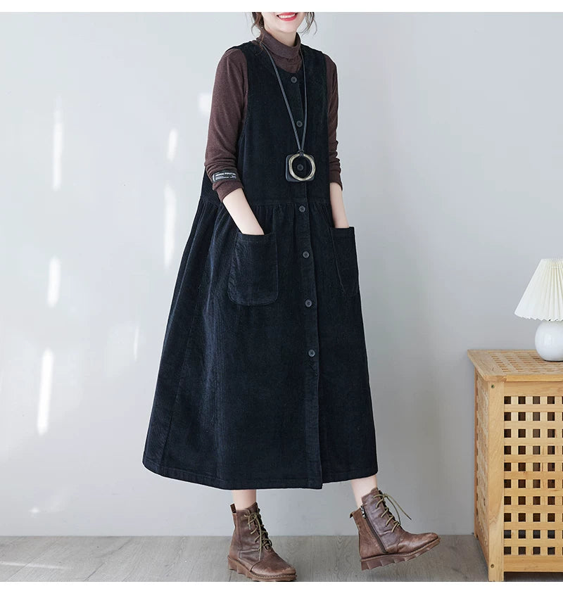 Corduroy Midi Dress with Patch Pockets & Button Front