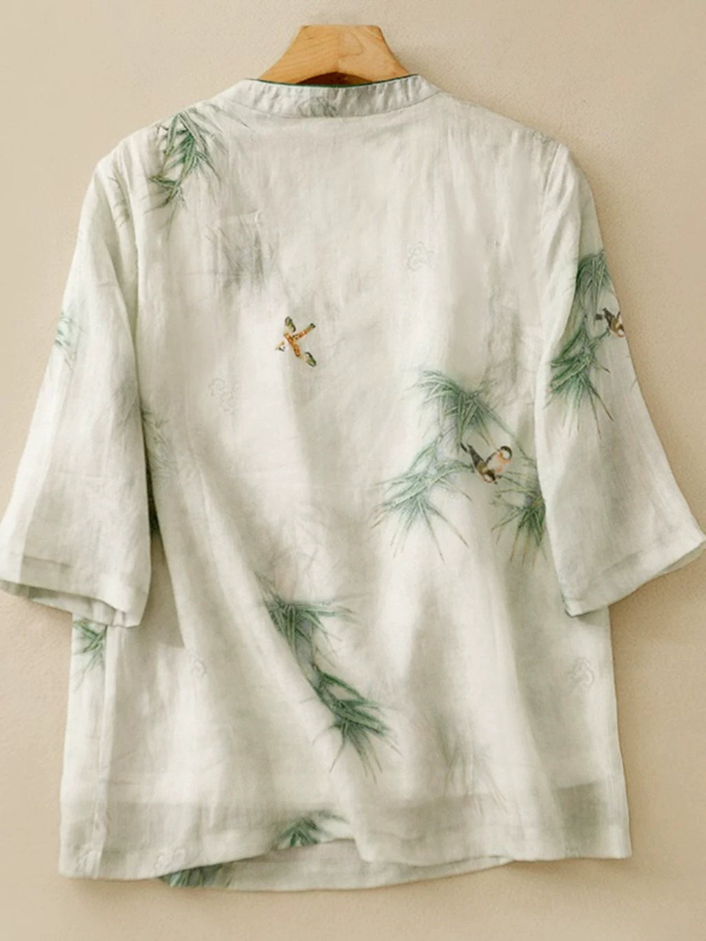 Cotton Linen Half Sleeve Shirt with Bamboo Bird Print
