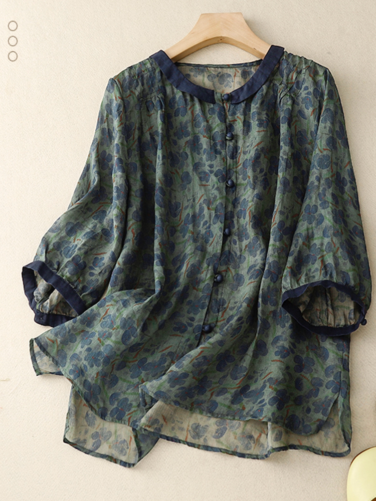 Floral Print Cotton Linen Three Quarter Sleeve Shirt