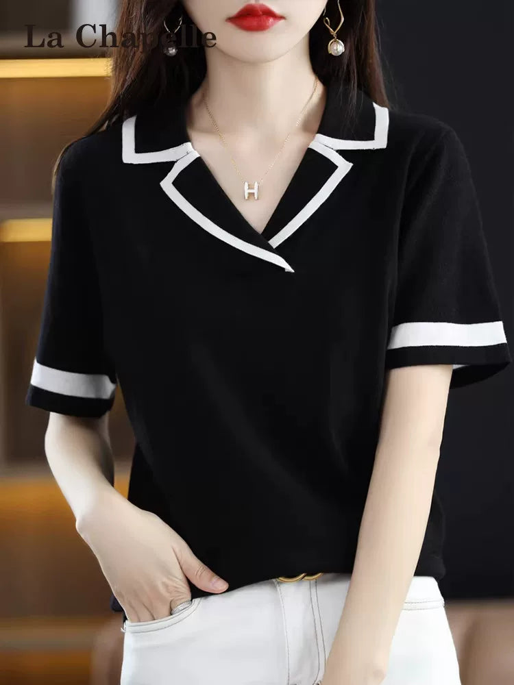 Relaxed V-Neck Knit Top with Contrast Trim