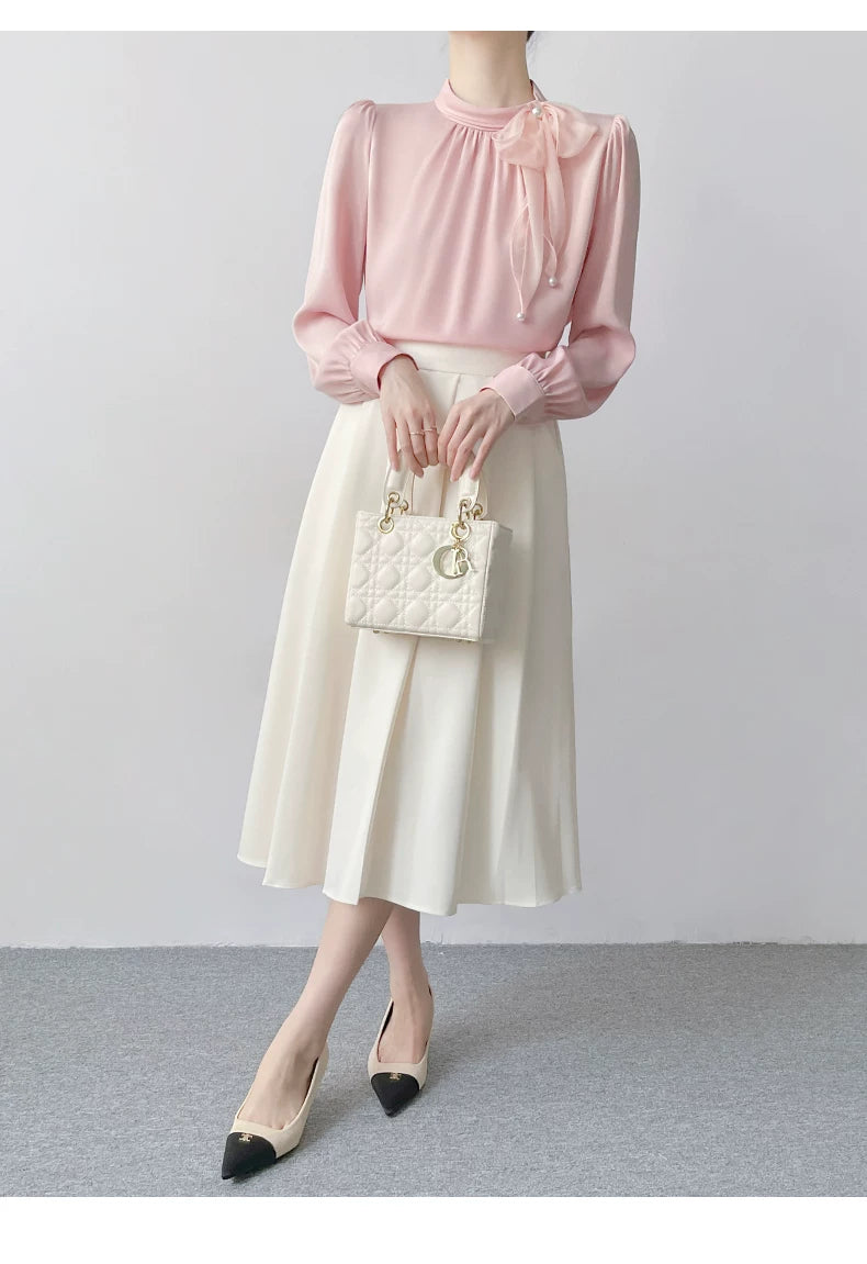 Relaxed Blouse with 3D Bow & Pearl Tie Detail