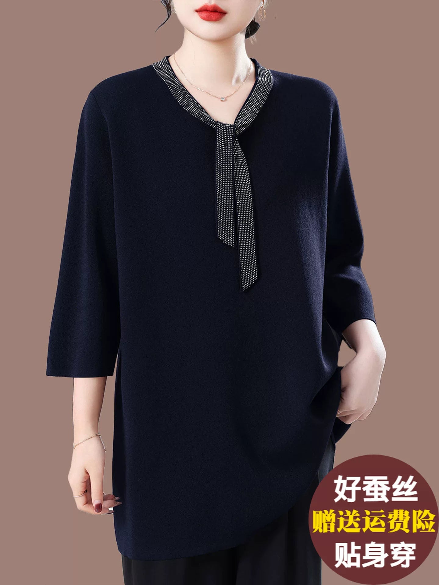 Silky-Feel V-Neck Top with Decorative Tie Detail
