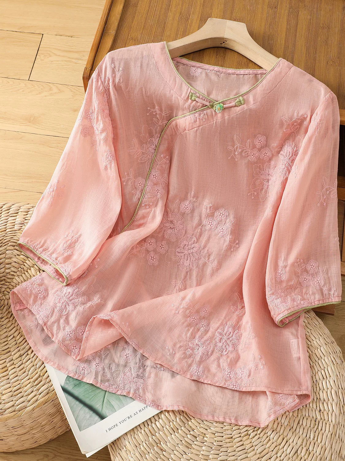 Embroidered Cotton Linen Three Quarter Sleeve Shirt