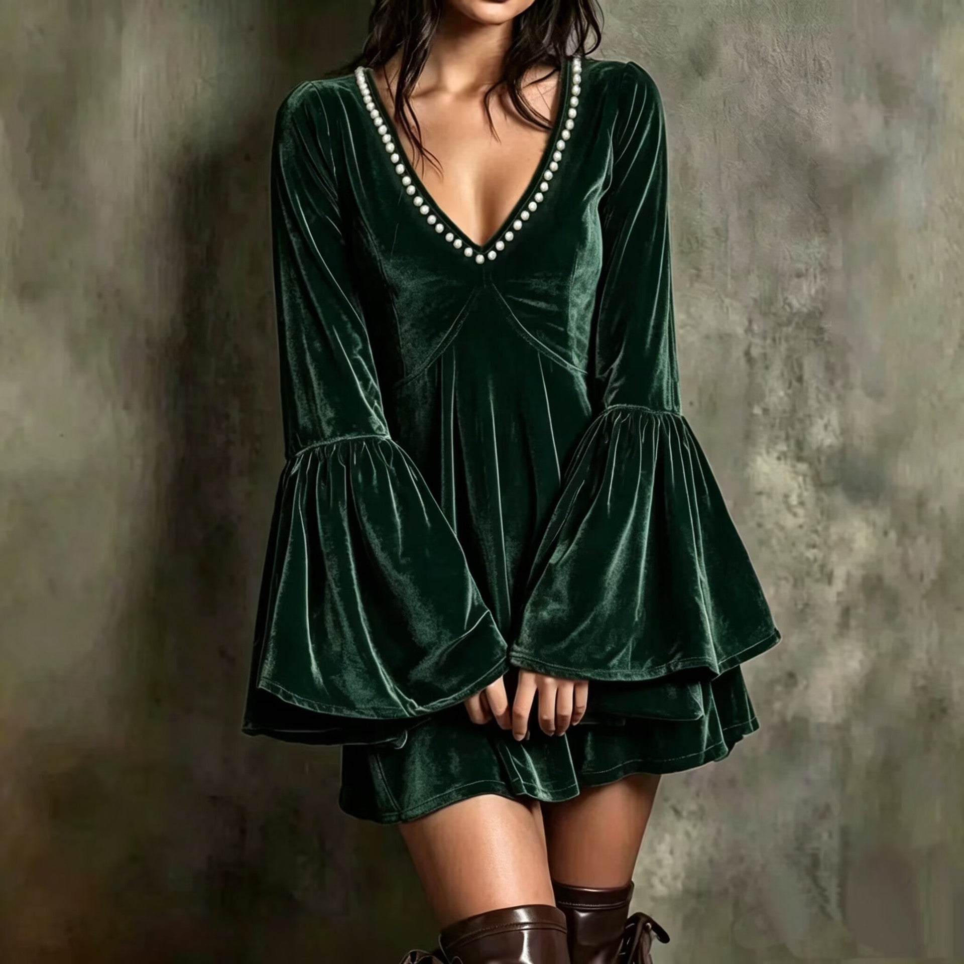 Velvet Mini Dress with Bell Sleeves & V-Neck