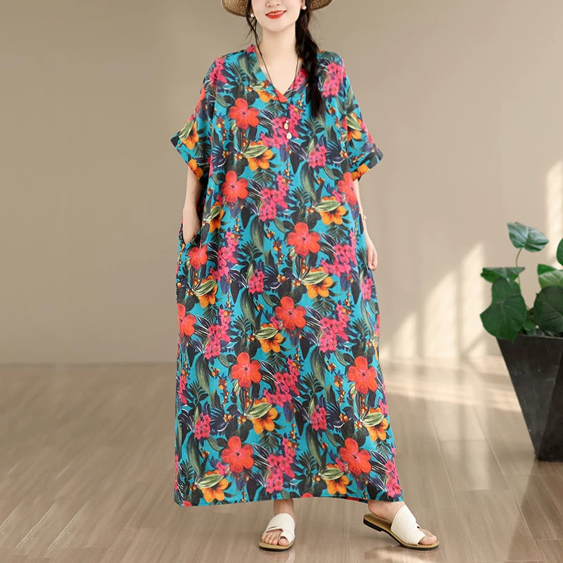 Floral Tie-Dye V-Neck Maxi Dress - Relaxed Fit