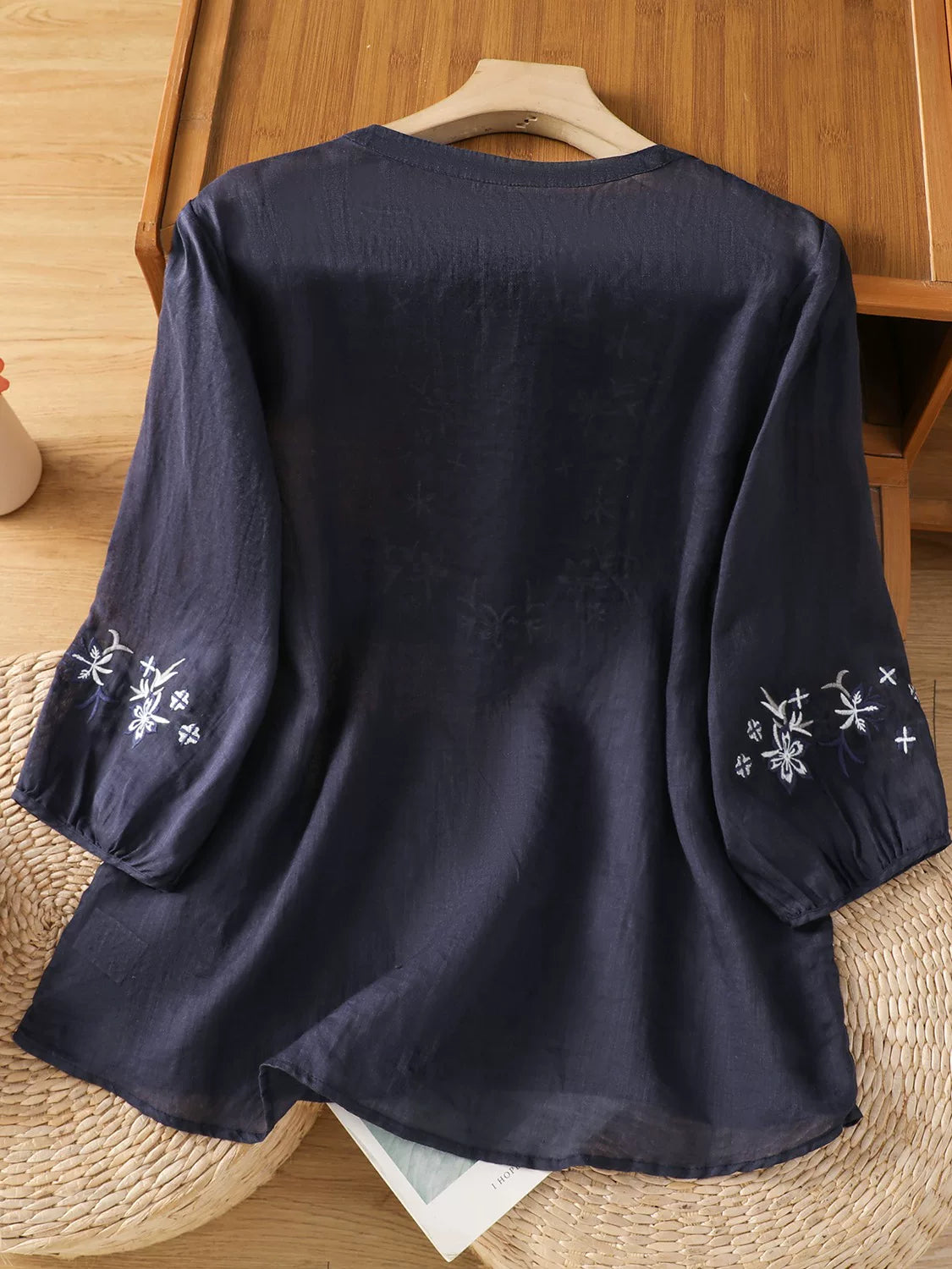 Embroidered Blouse with Elbow-Length Sleeves