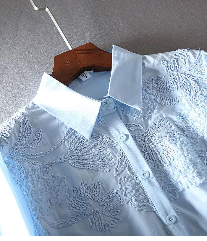 100% Cotton Blouse with Floral Embroidery & Lace Cuffs