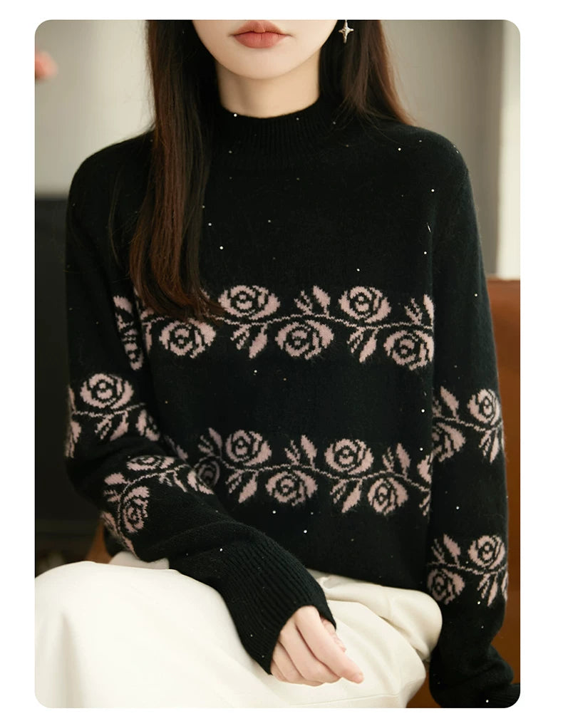 Floral Jacquard Knit Sweater, High-Neck Pullover in Black