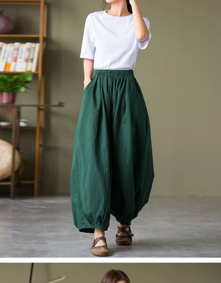 Balloon-Leg Cropped Pants with Linen-Look Texture