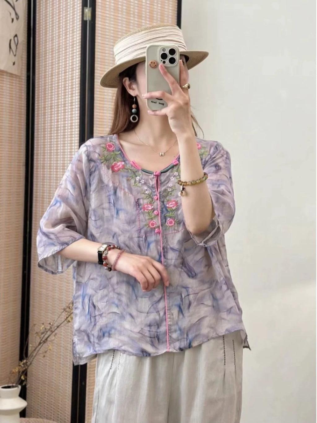 Embroidered Floral Print Half Sleeve Shirt