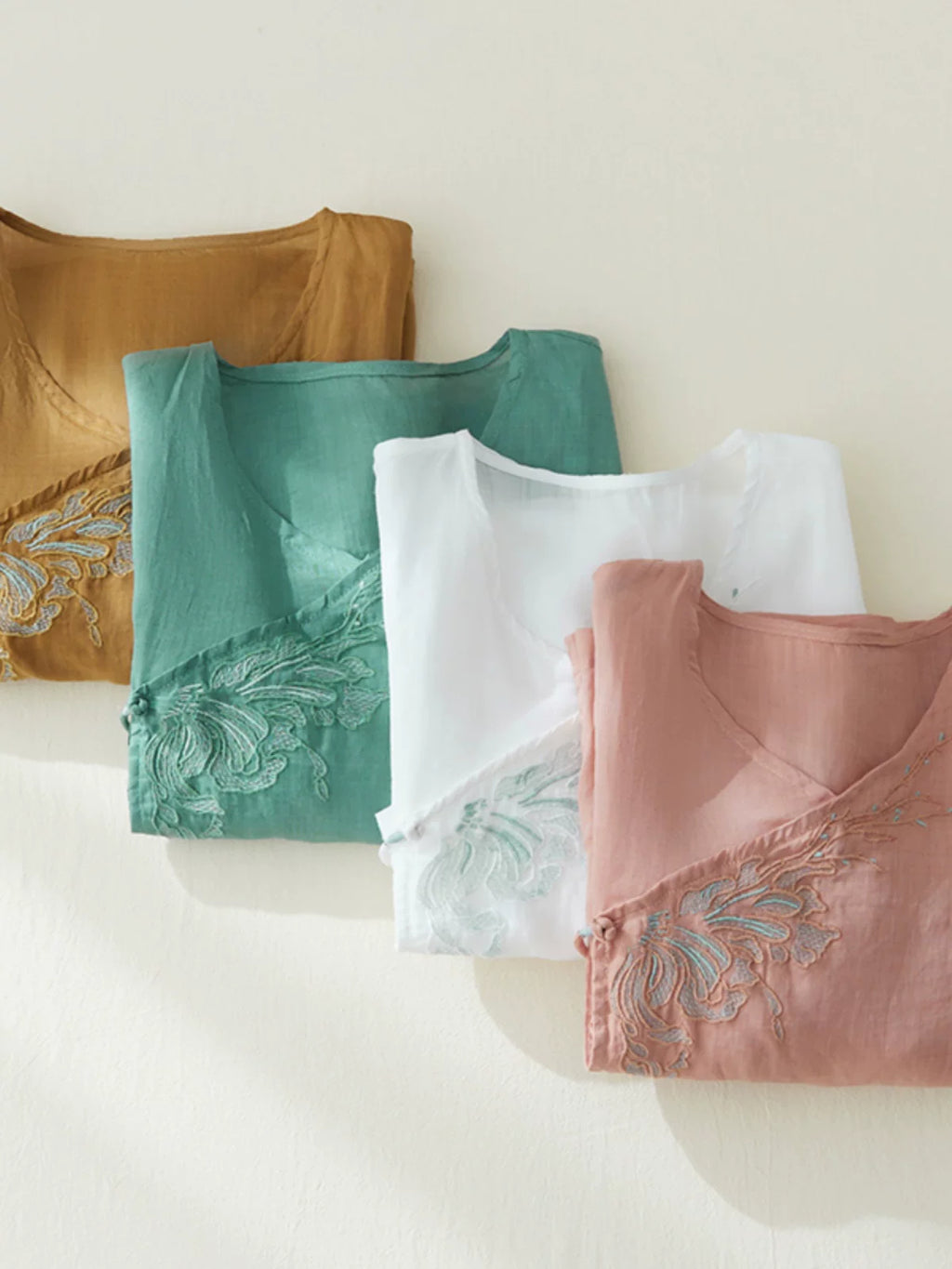 Embroidered V-Neck Top with Asymmetrical Tie Detail