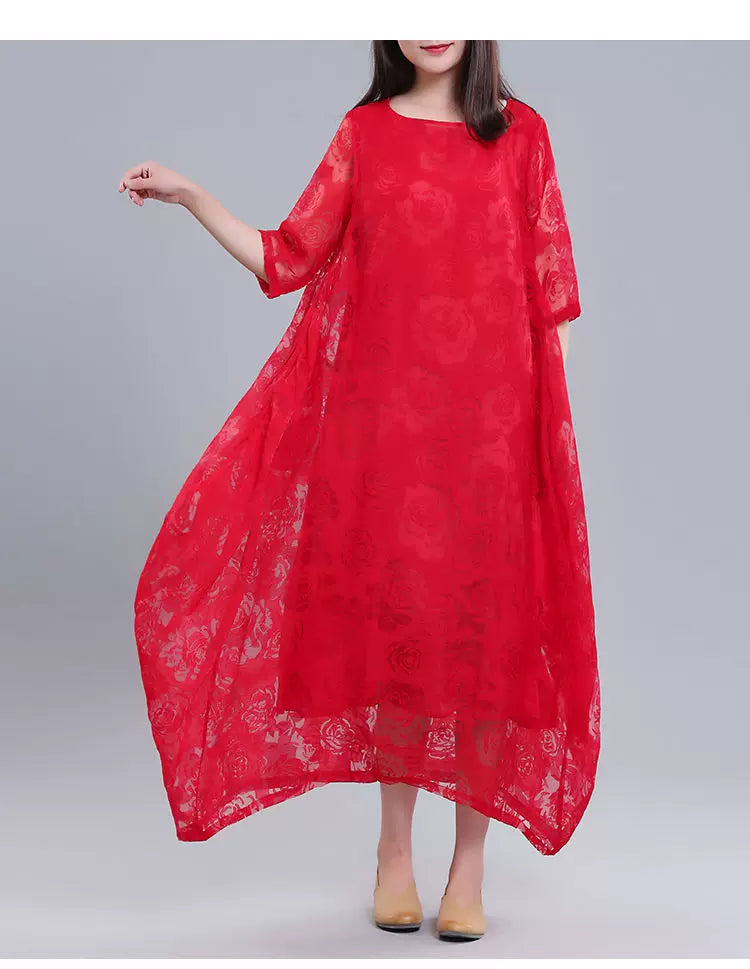 Floral Jacquard Maxi Dress with Sheer Overlay