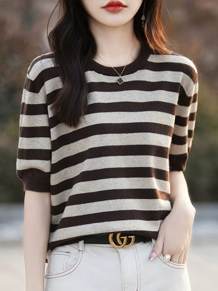 Striped Knit Top with Elbow-Length Sleeves