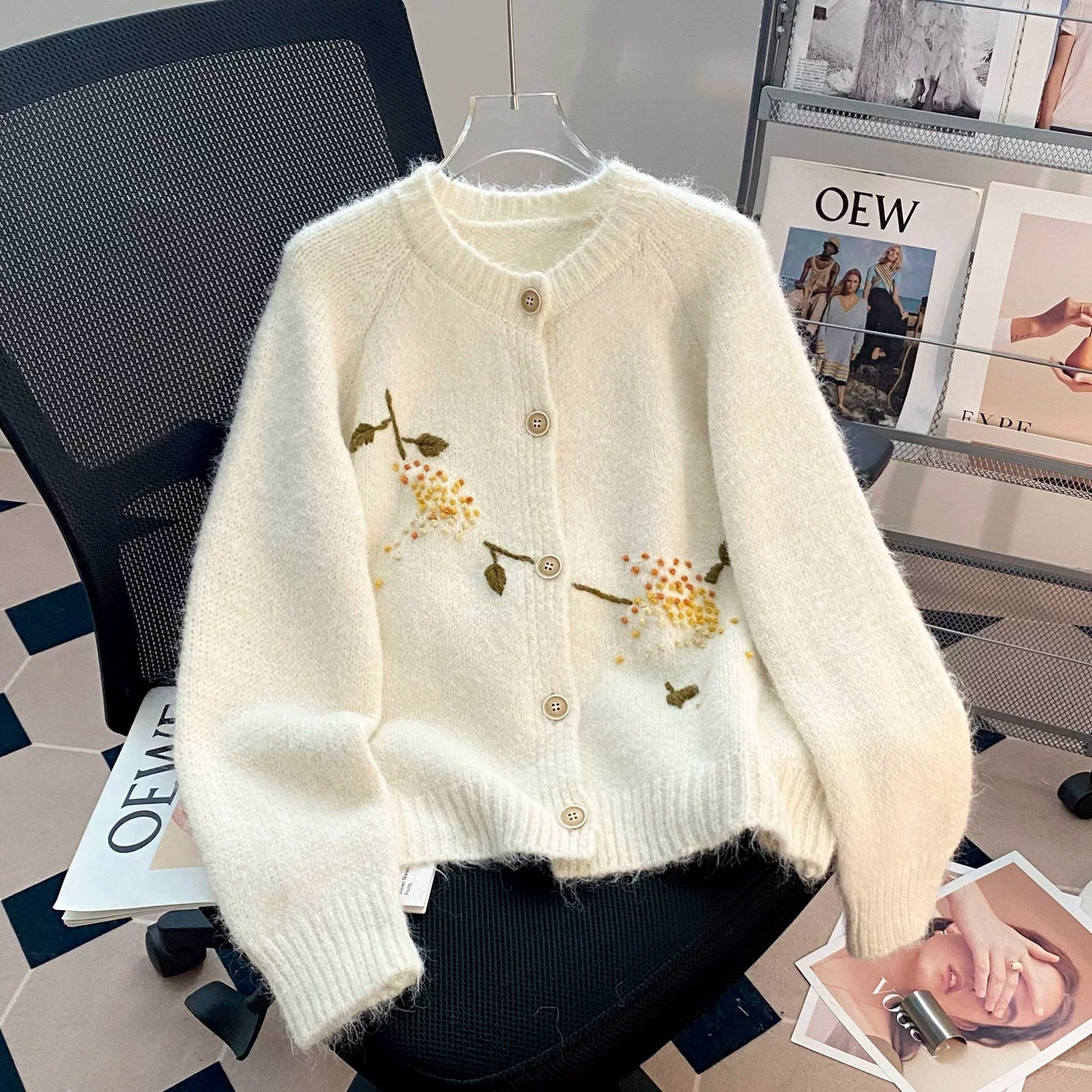 Hand-Embroidered Floral Fuzzy Knit Cardigan