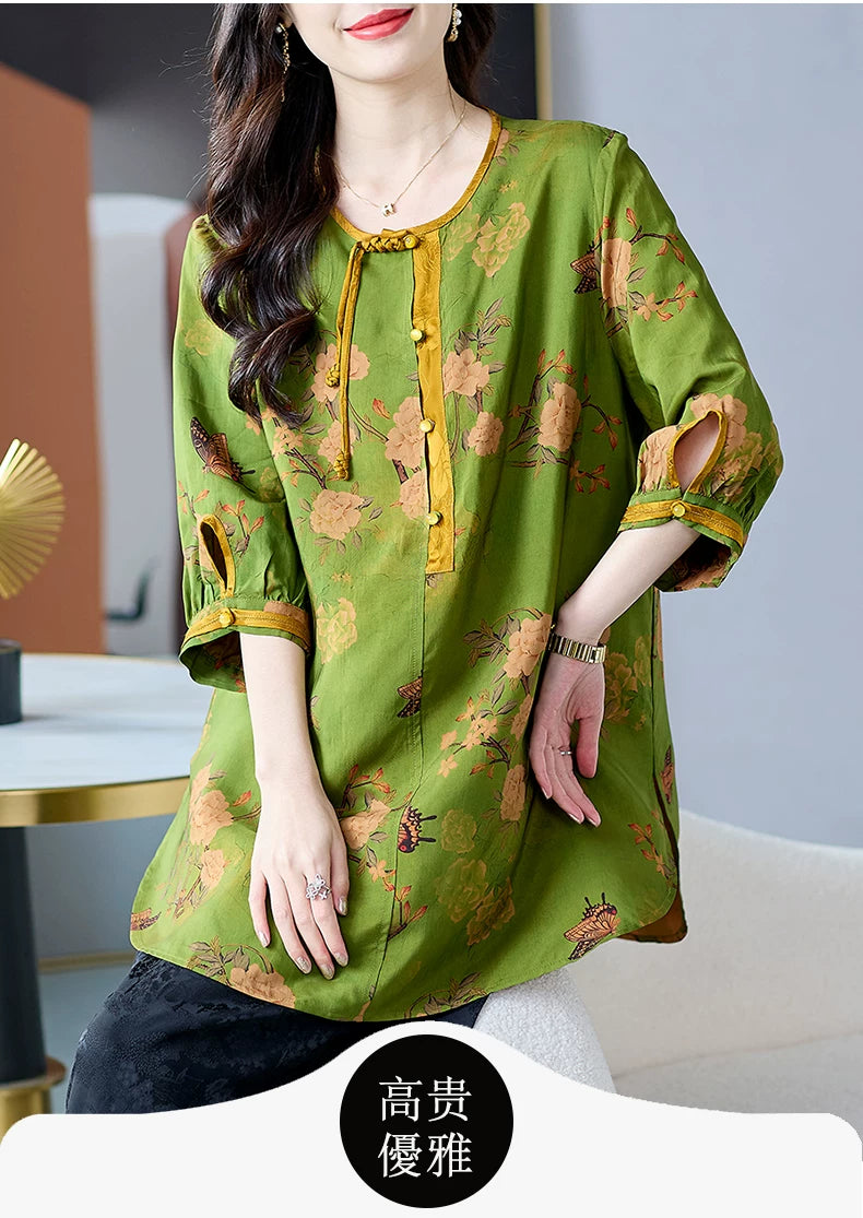 Viscose Blouse with Floral Print & Contrast Trim