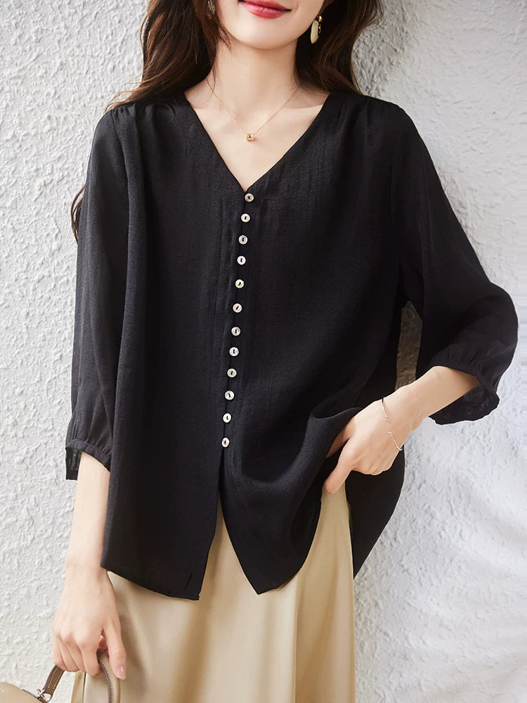 Black Button-Front Top with V-Neck and Mid-Length Sleeves