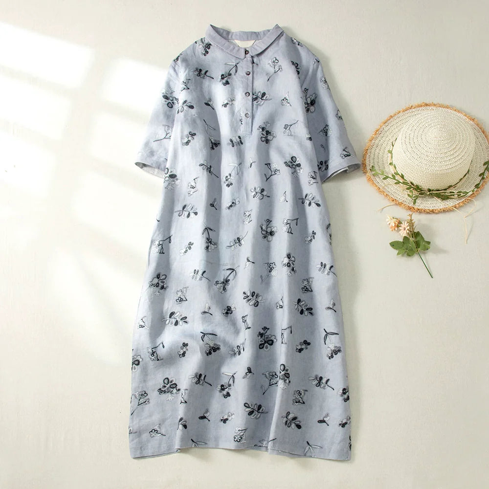 Embroidered Floral Cotton Linen Half Sleeve Midi Dress