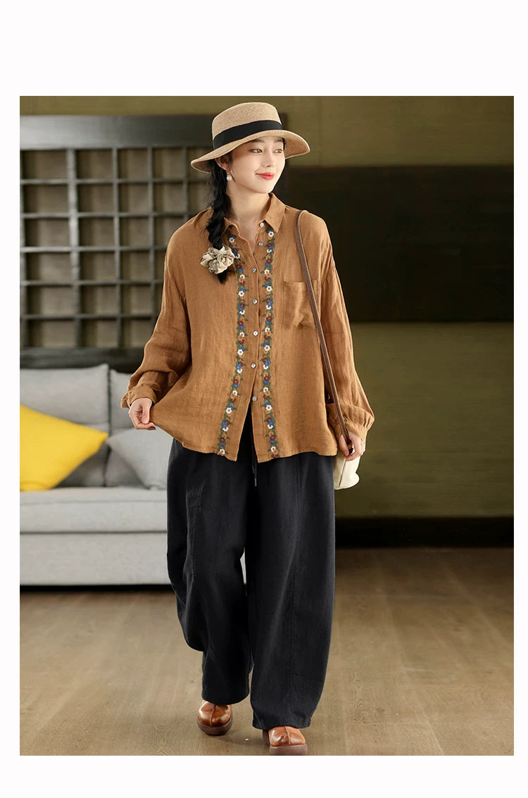 100% Linen Button-Front Top with Floral Embroidery
