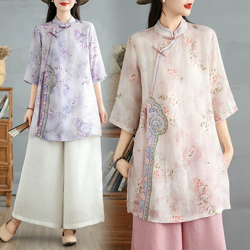 Linen-Look Floral Tunic with Chinese-Style Stand Collar