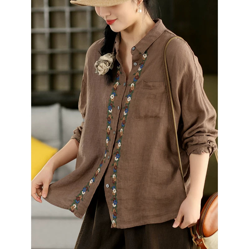 100% Linen Button-Front Top with Floral Embroidery