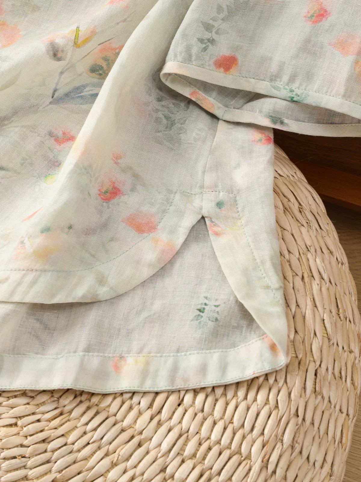 Floral Print Cotton Linen Three Quarter Sleeve Shirt