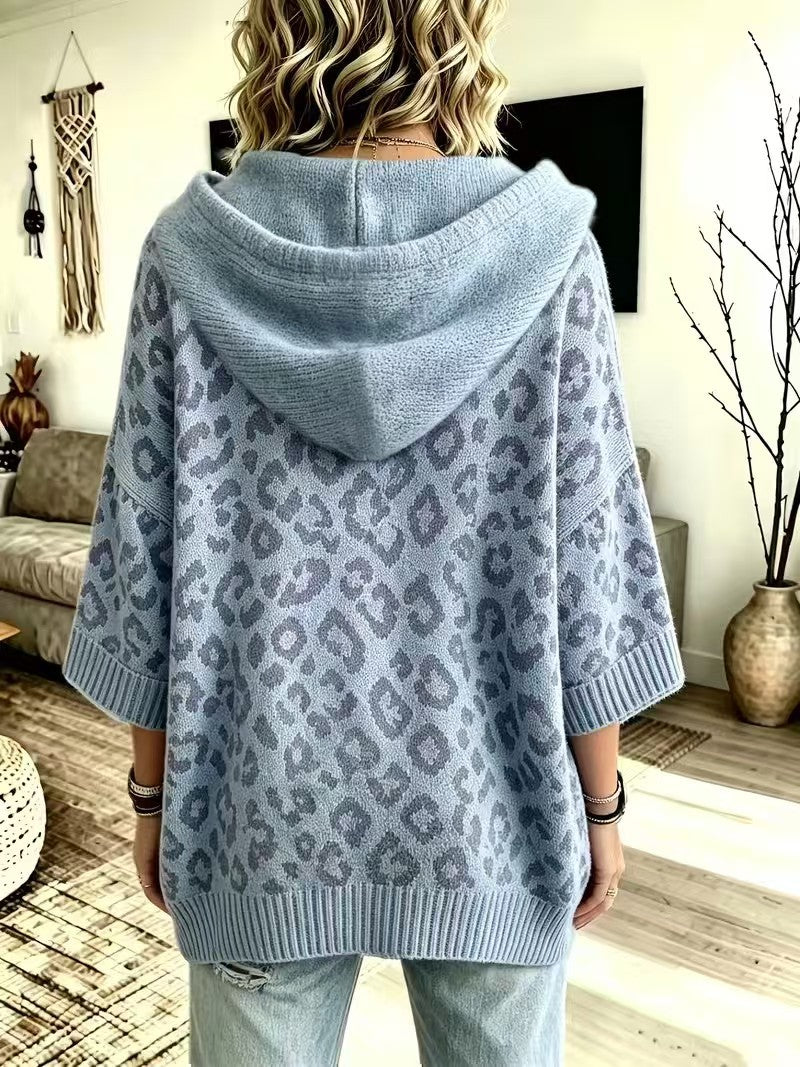 Leopard Jacquard Hooded Knit Top, Oversized Pullover