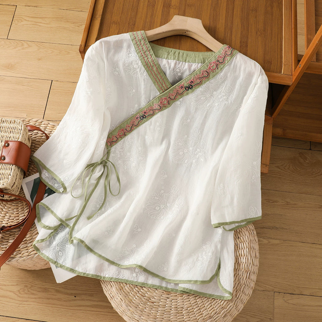 Embroidered Trim Three Quarter Sleeve Shirt